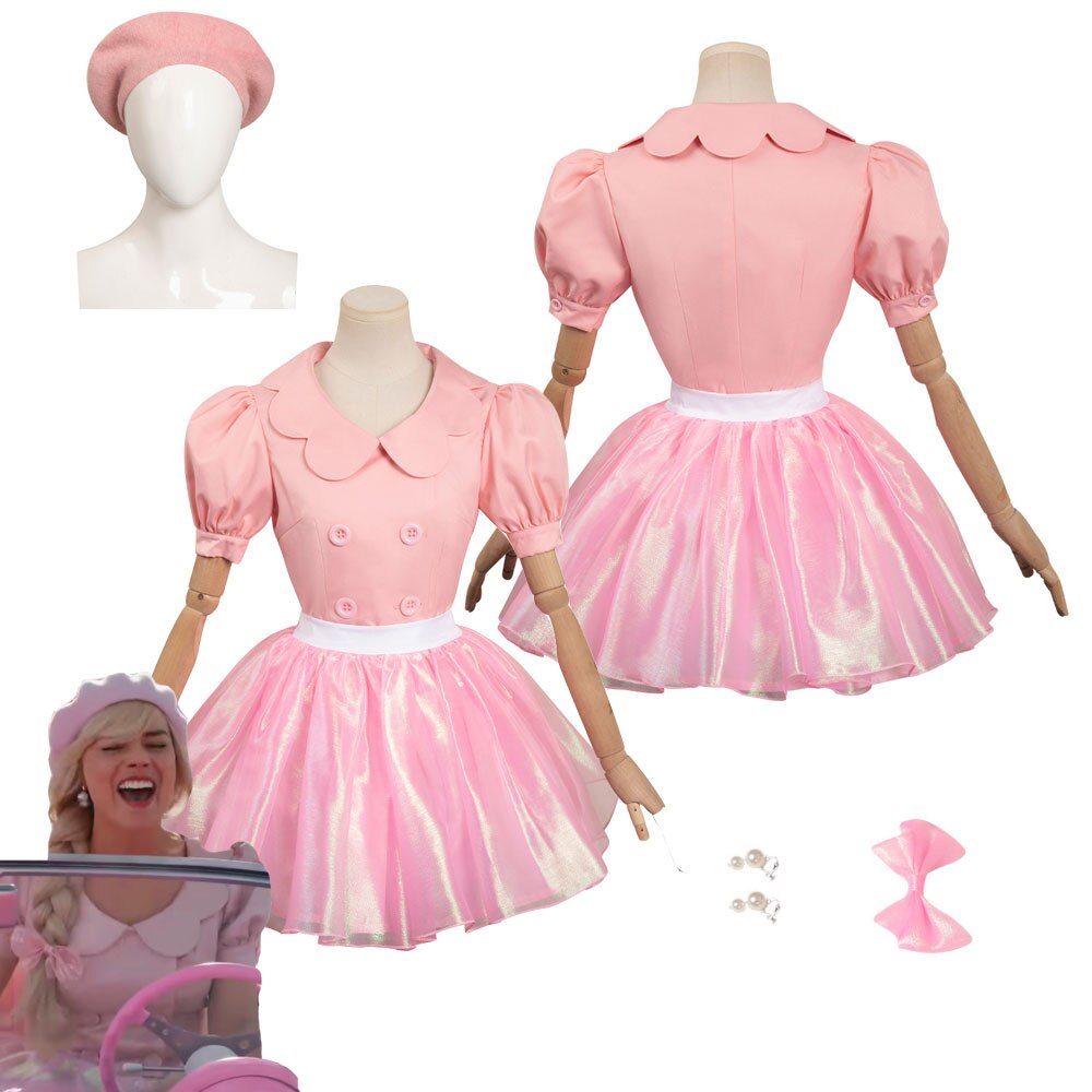 Barbie Margot Cosplay Fashion Pink Yarn Skirt Set Costume Dress Hat Earings Outfits Adult Women Girls Halloween Carnival Suit AMAIO