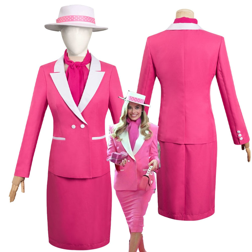 Barbie Margot Cosplay Pink Uniform Skirt Set Women Fashion Dress Costume Hat Outfits Female Girls Halloween Carnival Suit New AMAIO