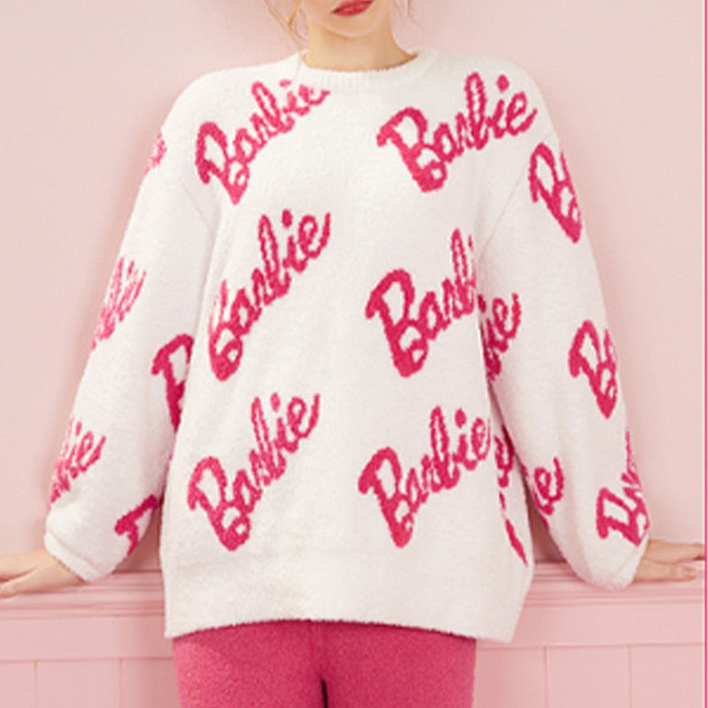 Barbie New Winter Plush Pajamas Suit Kawaii Girls Thick Coral Fleece Warm Loungewear Anime Women Home Clothes Birthday Gifts