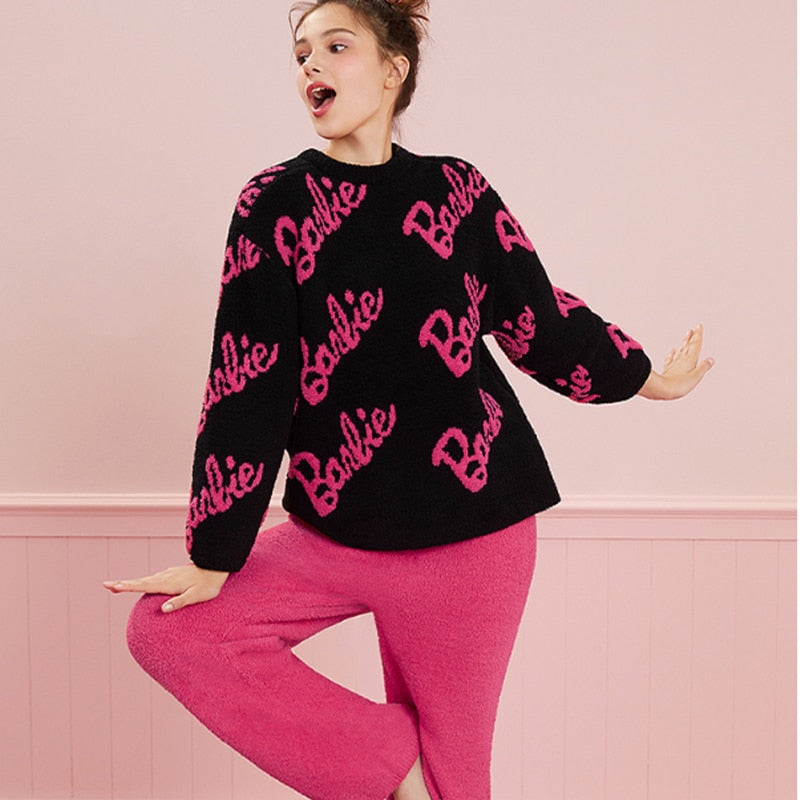 Barbie New Winter Plush Pajamas Suit Kawaii Girls Thick Coral Fleece Warm Loungewear Anime Women Home Clothes Birthday Gifts black