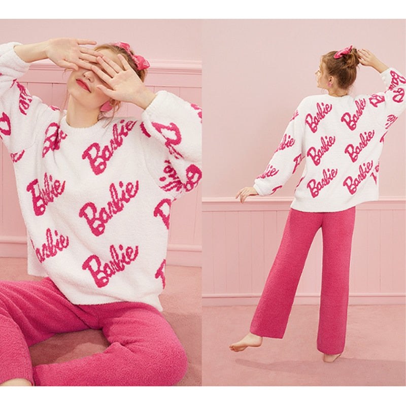 Barbie New Winter Plush Pajamas Suit Kawaii Girls Thick Coral Fleece Warm Loungewear Anime Women Home Clothes Birthday Gifts pink