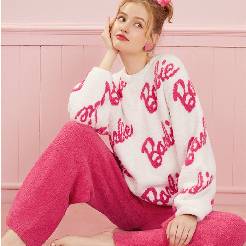 Barbie New Winter Plush Pajamas Suit Kawaii Girls Thick Coral Fleece Warm Loungewear Anime Women Home Clothes Birthday Gifts