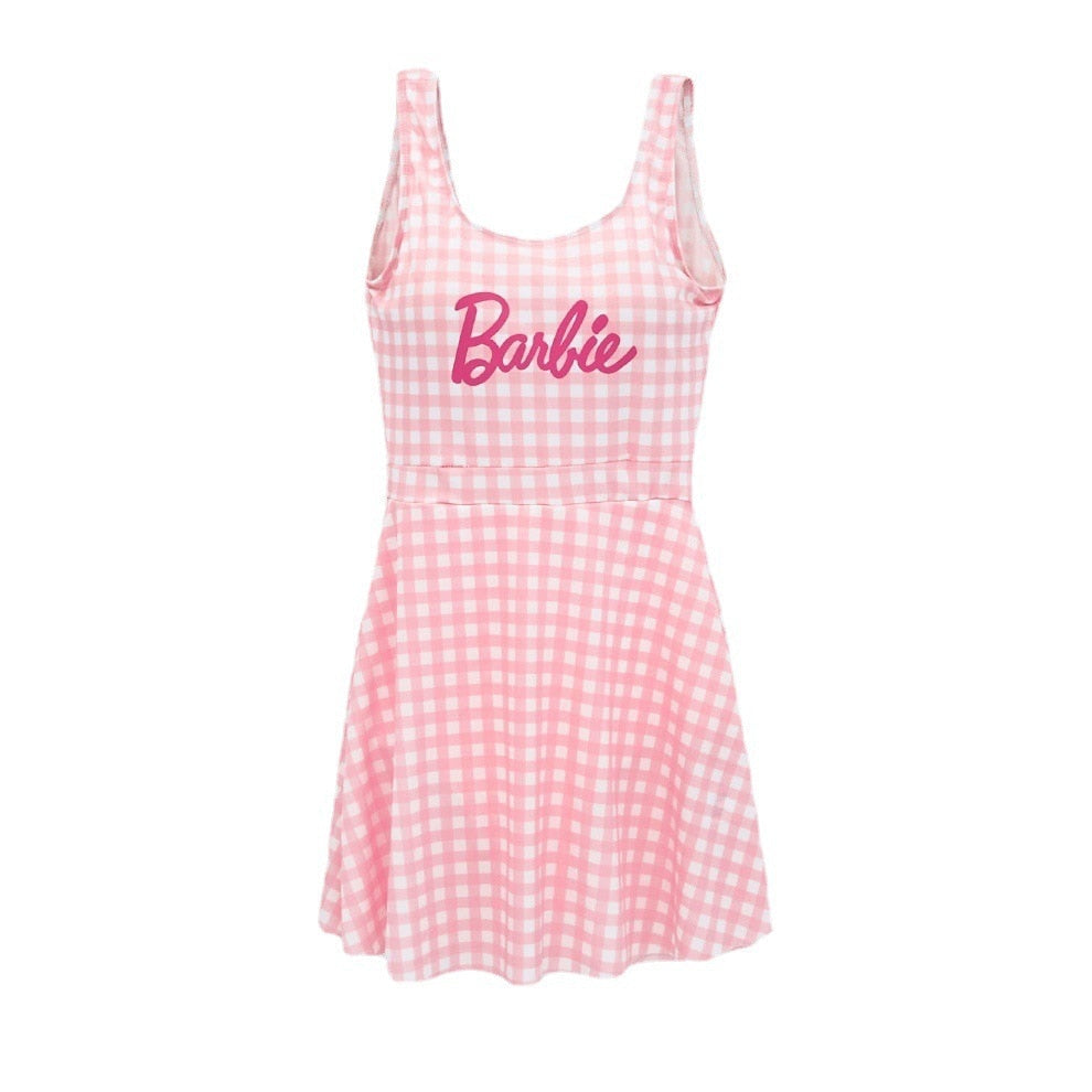 Barbie Pink One-Piece Swimsuit for Ladies Anime Kawaii Y2K Girls Hot Spring Swim Skirt Female Student Vest Sleeveless Bikini Set