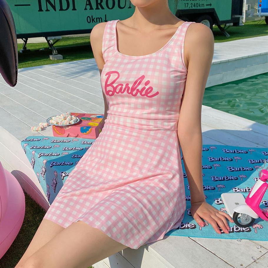 Barbie Pink One-Piece Swimsuit for Ladies Anime Kawaii Y2K Girls Hot Spring Swim Skirt Female Student Vest Sleeveless Bikini Set pink