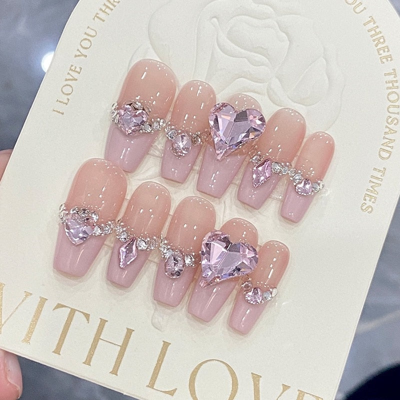 Barbie Press on Nails Ballerina Mid Length With Heart Rhinestone Designed Charm False nails With Glue Bling Artificial Nails For Girls