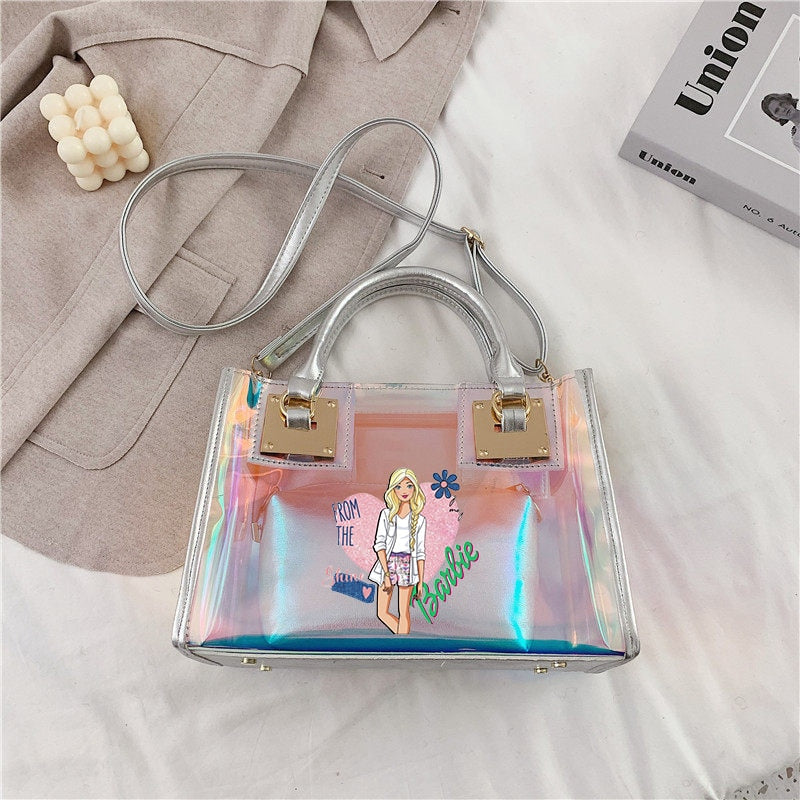 Barbie Princess Summer Transparent Handbag Anime Y2K Girls Lasers Beach Bag Shoulder Bag Ladies Tote Bags Pu Messenger Organizer 19