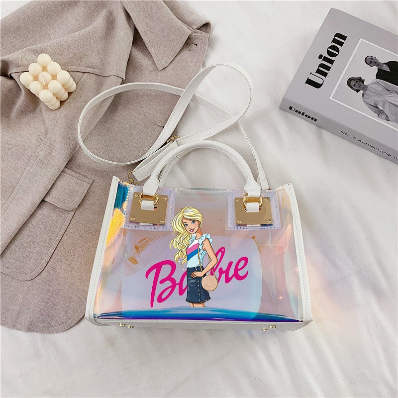 Barbie Princess Summer Transparent Handbag Anime Y2K Girls Lasers Beach Bag Shoulder Bag Ladies Tote Bags Pu Messenger Organizer 3