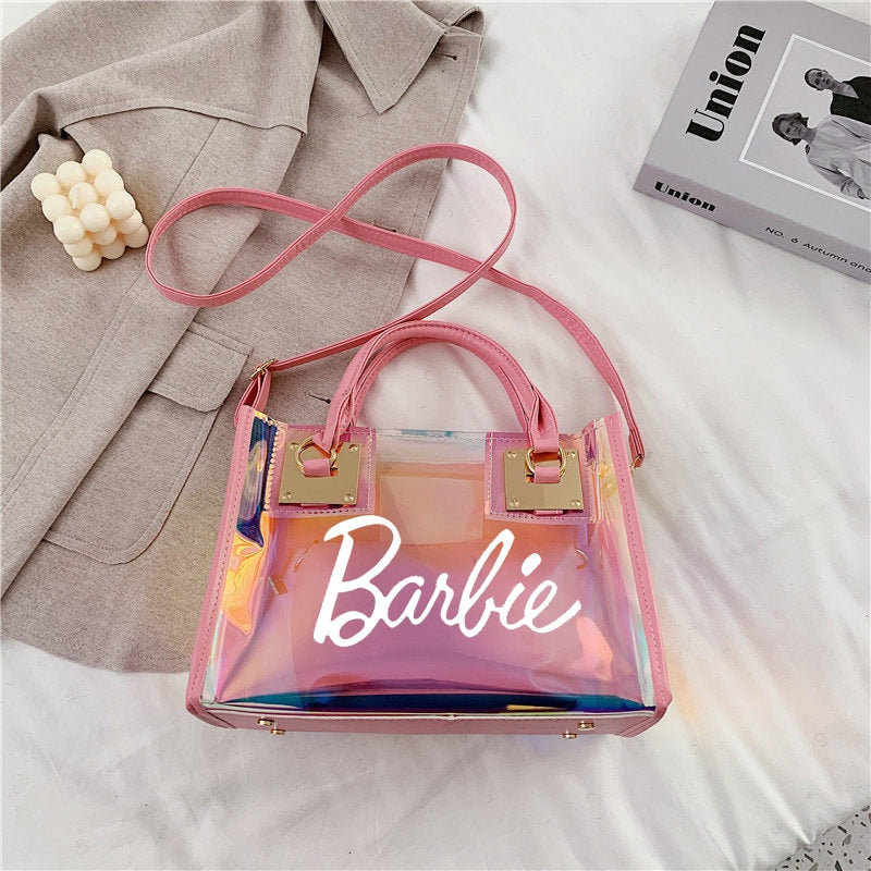 Barbie Princess Summer Transparent Handbag Anime Y2K Girls Lasers Beach Bag Shoulder Bag Ladies Tote Bags Pu Messenger Organizer 22