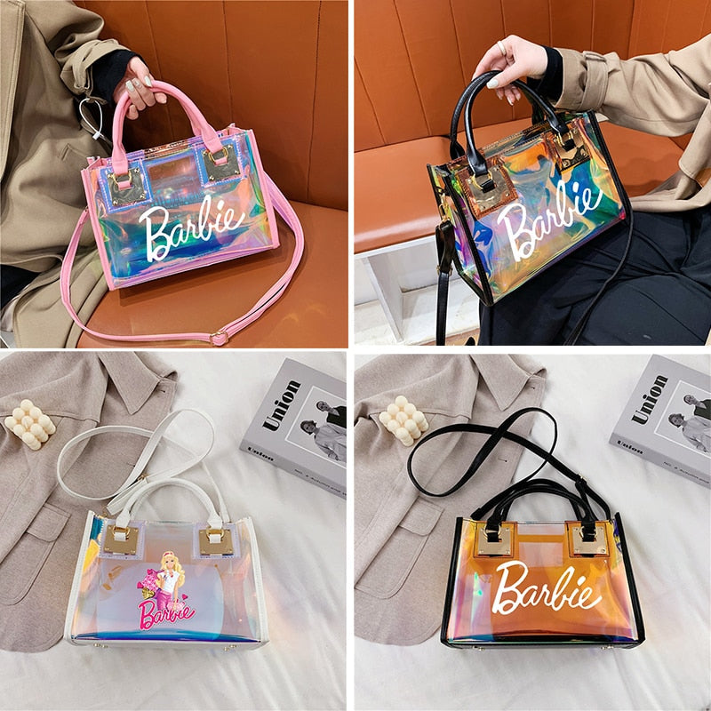 Barbie Princess Summer Transparent Handbag Anime Y2K Girls Lasers Beach Bag Shoulder Bag Ladies Tote Bags Pu Messenger Organizer AMAIO