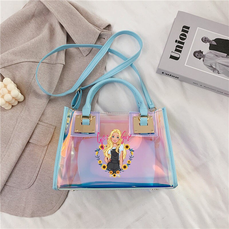 Barbie Princess Summer Transparent Handbag Anime Y2K Girls Lasers Beach Bag Shoulder Bag Ladies Tote Bags Pu Messenger Organizer 7