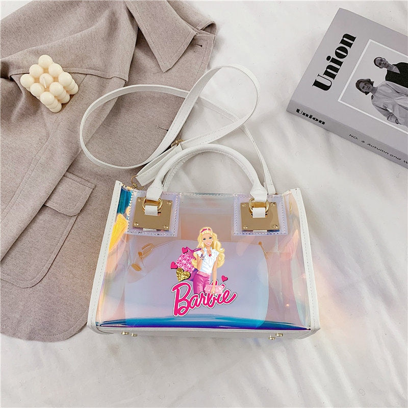 Barbie Princess Summer Transparent Handbag Anime Y2K Girls Lasers Beach Bag Shoulder Bag Ladies Tote Bags Pu Messenger Organizer 6