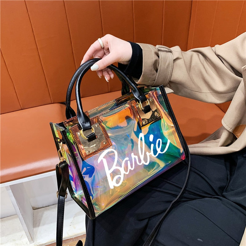 Barbie Princess Summer Transparent Handbag Anime Y2K Girls Lasers Beach Bag Shoulder Bag Ladies Tote Bags Pu Messenger Organizer