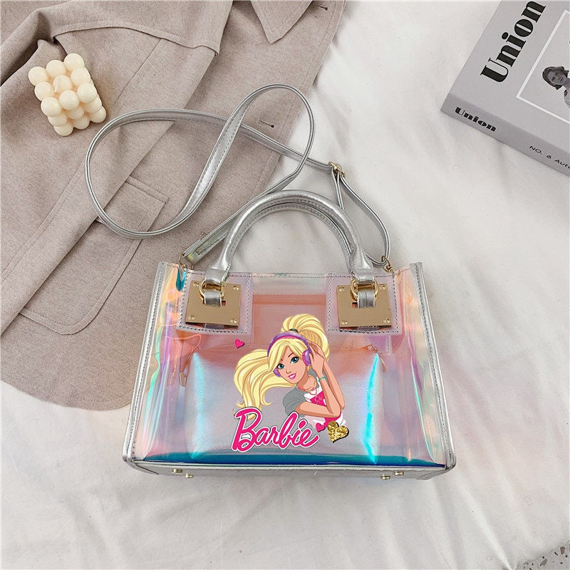 Barbie Princess Summer Transparent Handbag Anime Y2K Girls Lasers Beach Bag Shoulder Bag Ladies Tote Bags Pu Messenger Organizer 17