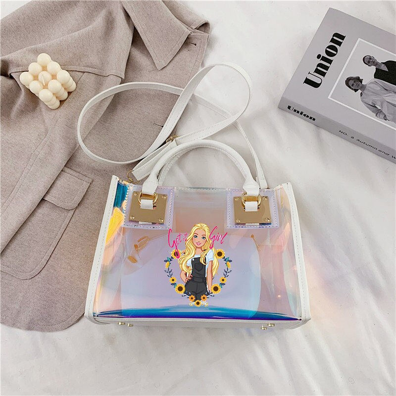 Barbie Princess Summer Transparent Handbag Anime Y2K Girls Lasers Beach Bag Shoulder Bag Ladies Tote Bags Pu Messenger Organizer 5