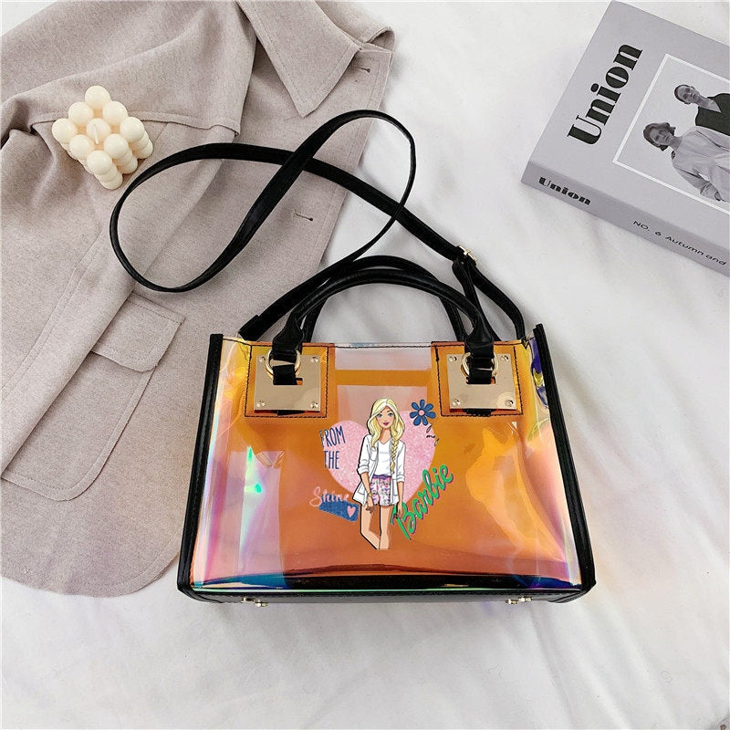 Barbie Princess Summer Transparent Handbag Anime Y2K Girls Lasers Beach Bag Shoulder Bag Ladies Tote Bags Pu Messenger Organizer 13