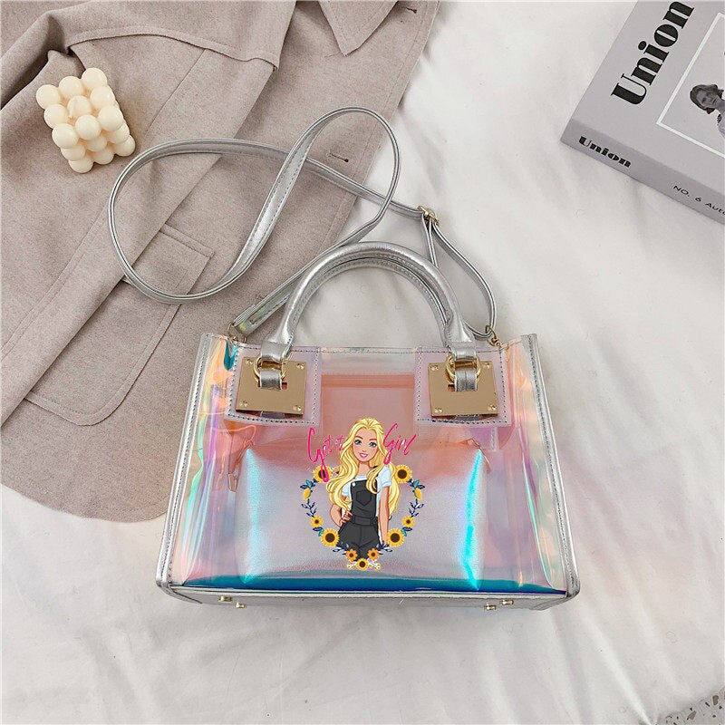 Barbie Princess Summer Transparent Handbag Anime Y2K Girls Lasers Beach Bag Shoulder Bag Ladies Tote Bags Pu Messenger Organizer 16