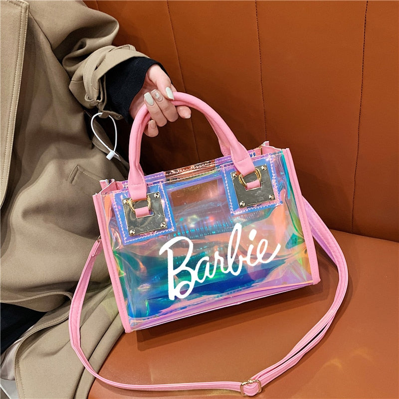 Barbie Princess Summer Transparent Handbag Anime Y2K Girls Lasers Beach Bag Shoulder Bag Ladies Tote Bags Pu Messenger Organizer