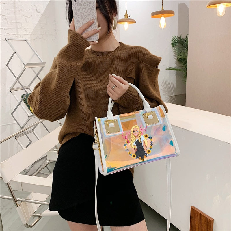 Barbie Princess Summer Transparent Handbag Anime Y2K Girls Lasers Beach Bag Shoulder Bag Ladies Tote Bags Pu Messenger Organizer