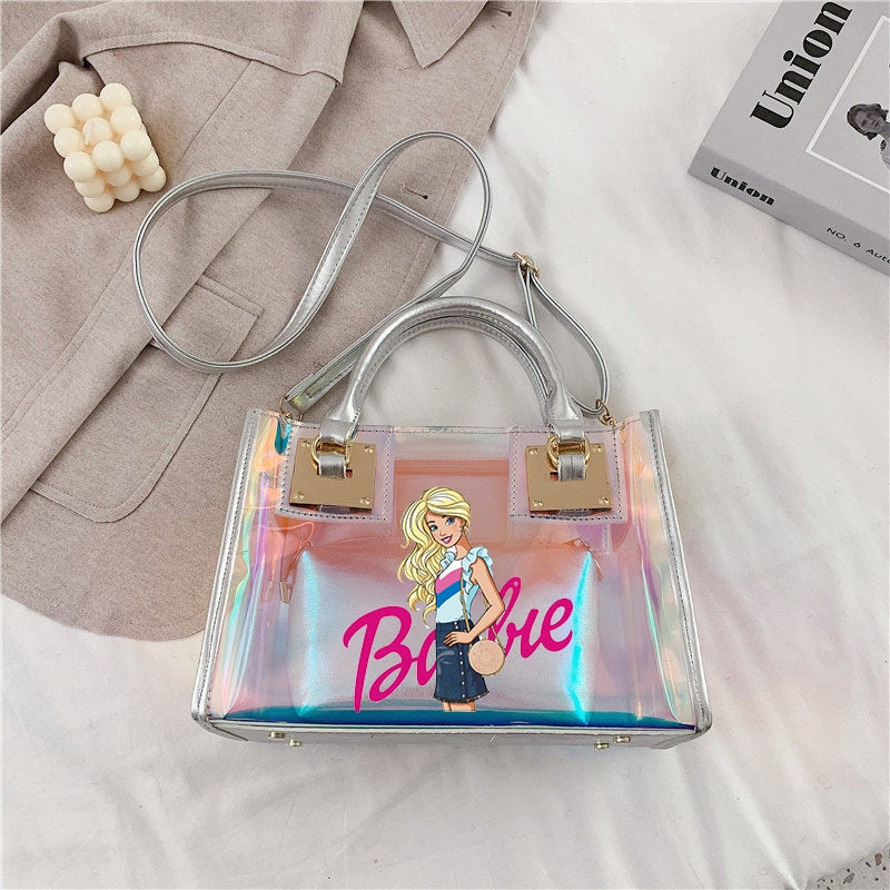 Barbie Princess Summer Transparent Handbag Anime Y2K Girls Lasers Beach Bag Shoulder Bag Ladies Tote Bags Pu Messenger Organizer 18
