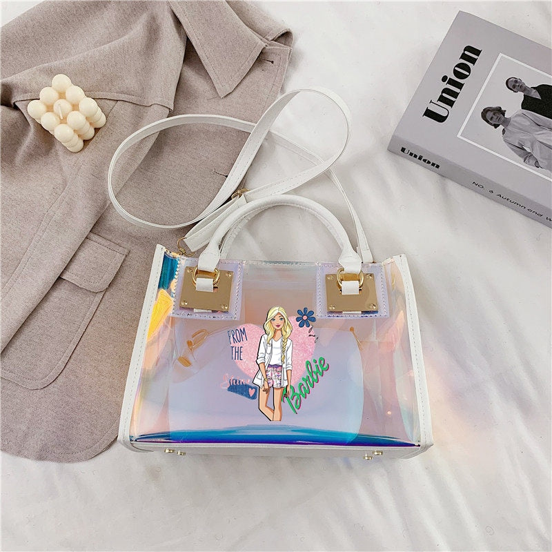 Barbie Princess Summer Transparent Handbag Anime Y2K Girls Lasers Beach Bag Shoulder Bag Ladies Tote Bags Pu Messenger Organizer 2