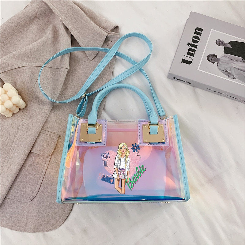 Barbie Princess Summer Transparent Handbag Anime Y2K Girls Lasers Beach Bag Shoulder Bag Ladies Tote Bags Pu Messenger Organizer 10