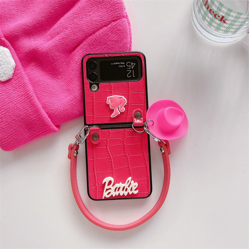 Barbie Suitable for Samsunggalaxy Z Flip34 Folding Screen Shell Fashion Women Smartphone Accessory Leather Case Keychain Gifts AMAIO