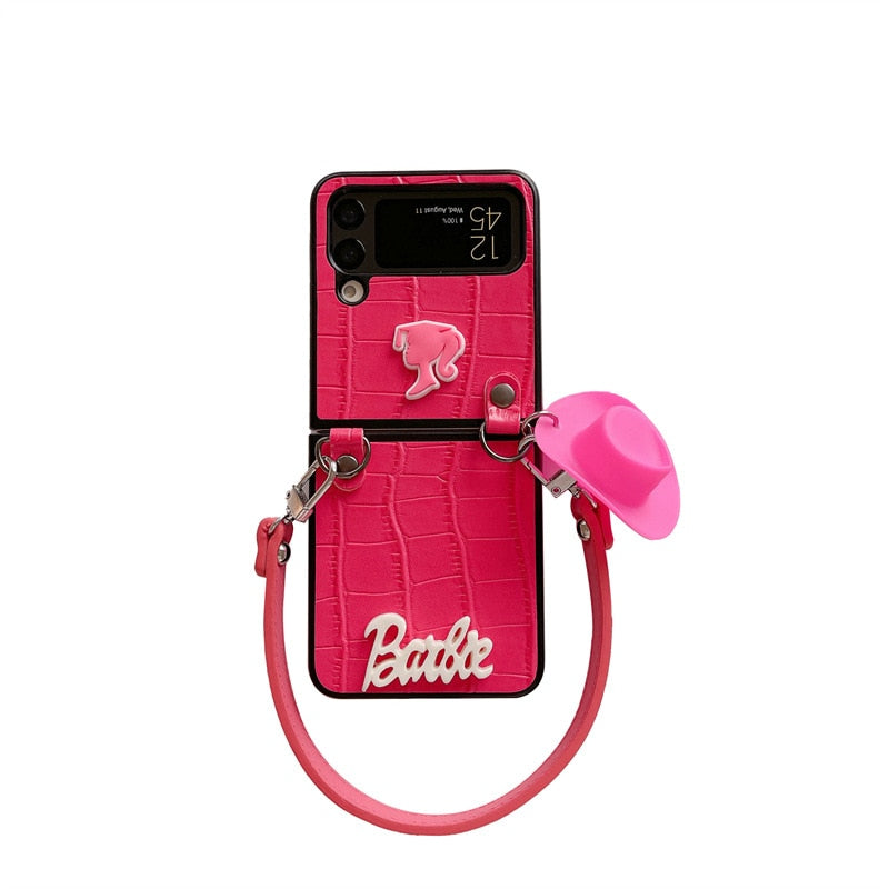Barbie Suitable for Samsunggalaxy Z Flip34 Folding Screen Shell Fashion Women Smartphone Accessory Leather Case Keychain Gifts hat hand rope