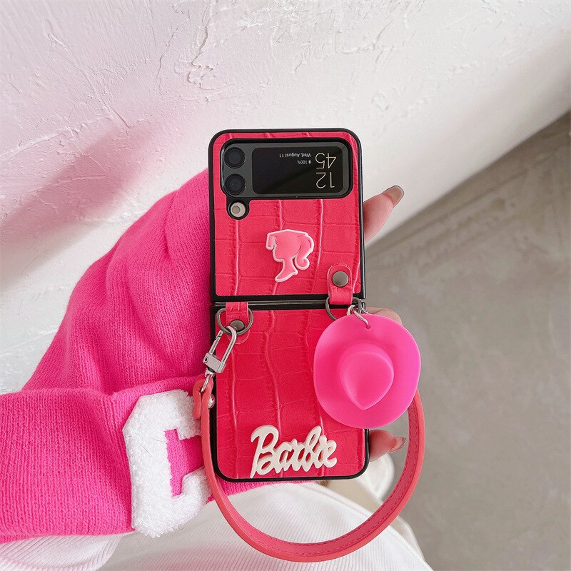 Barbie Suitable for Samsunggalaxy Z Flip34 Folding Screen Shell Fashion Women Smartphone Accessory Leather Case Keychain Gifts