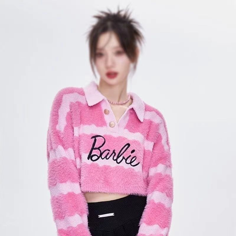 Barbie Winter Polo Collar Knitted Sweater Women Hot Girl Short Loose Thin Top Christmas Birthday Gifts for Girls Pink