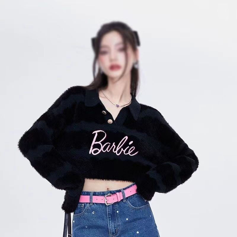Barbie Winter Polo Collar Knitted Sweater Women Hot Girl Short Loose Thin Top Christmas Birthday Gifts for Girls black