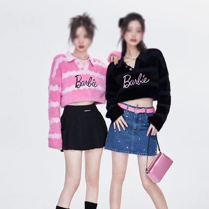 Barbie Winter Polo Collar Knitted Sweater Women Hot Girl Short Loose Thin Top Christmas Birthday Gifts for Girls