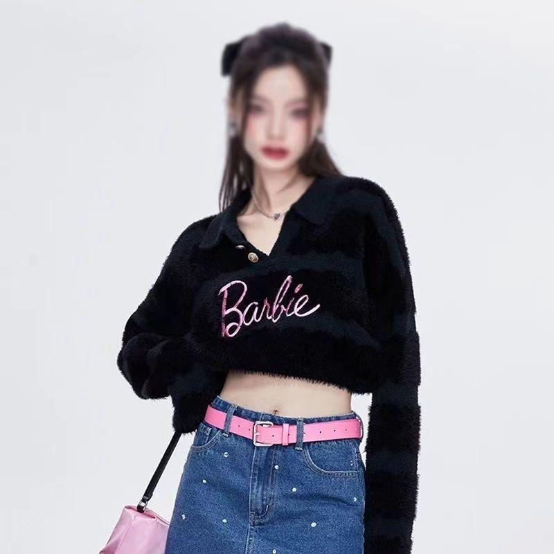 Barbie Winter Polo Collar Knitted Sweater Women Hot Girl Short Loose Thin Top Christmas Birthday Gifts for Girls