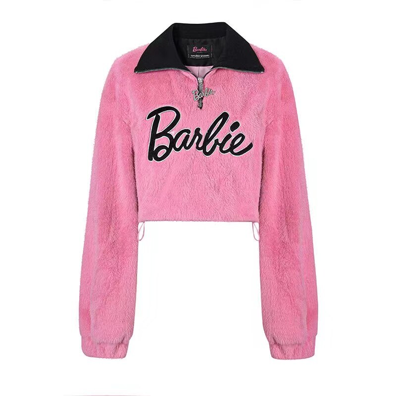Barbie X Pink Stand Collar Pullover Sweater Y2K Black Women Sexy Plush Long Sleeve Top Skirt Autumn Winter Clothes Suit Gifts pink tops