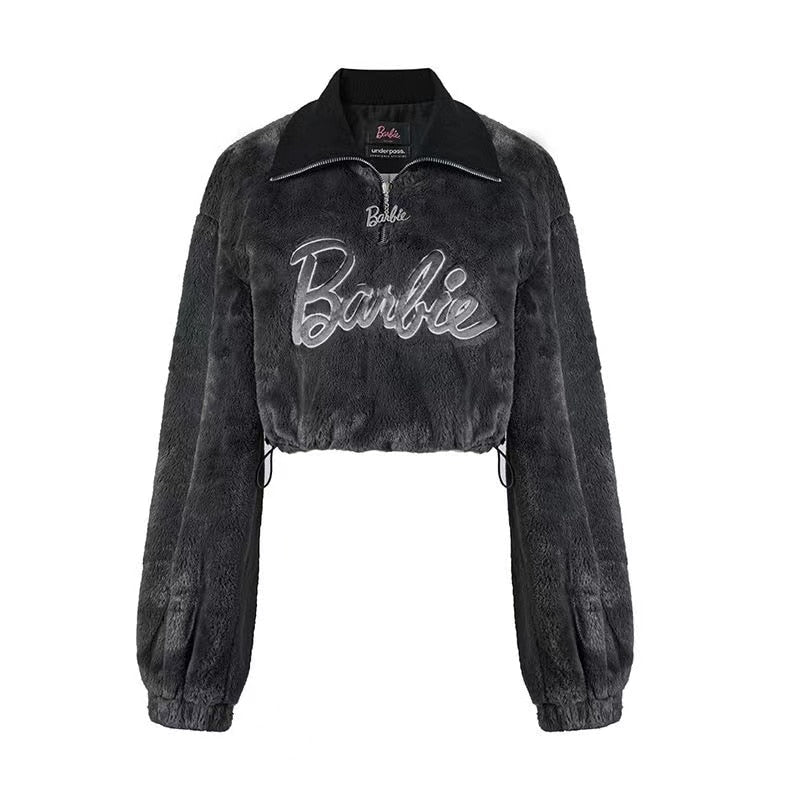 Barbie X Pink Stand Collar Pullover Sweater Y2K Black Women Sexy Plush Long Sleeve Top Skirt Autumn Winter Clothes Suit Gifts black tops