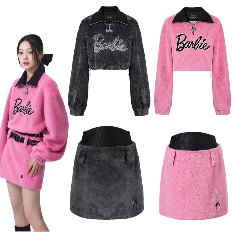 Barbie X Pink Stand Collar Pullover Sweater Y2K Black Women Sexy Plush Long Sleeve Top Skirt Autumn Winter Clothes Suit Gifts AMAIO