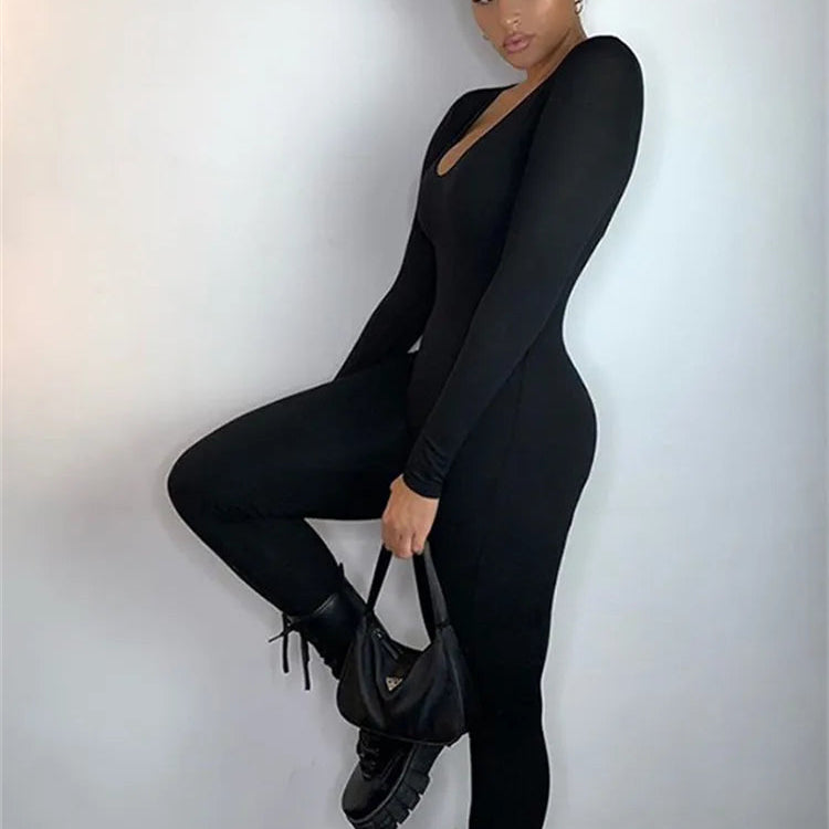 Basic Bodycon Jumpsuit For Women‘s Clothing Casual Brown Fitness Rompers Y2K Playsuit Activity Streetwear Overalls BLACK Full Sleeve