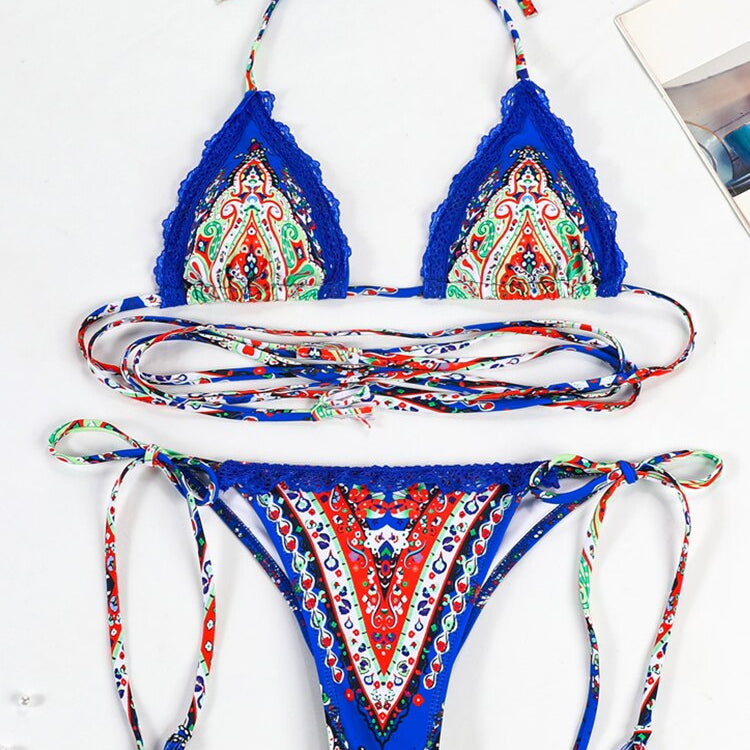 Bathing Suit Micro Folds Hight Cut Lace Halter Bikinis Set