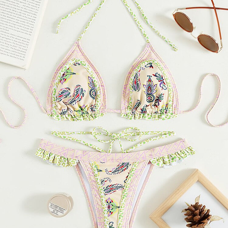 Bathing Suit Micro Folds Hight Cut Lace Halter Bikinis Set 3412PK1