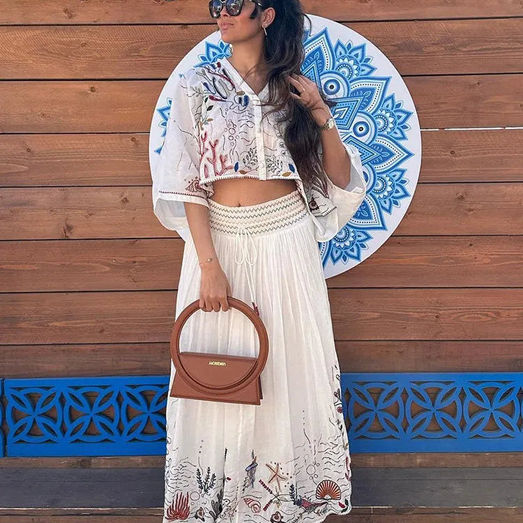 Batwing Sleeve Women Autumn Embriodery Paisley Print Skirt Set Outfits V Neck Button Tiered Mini Skirt Dress Suit Vintage Set