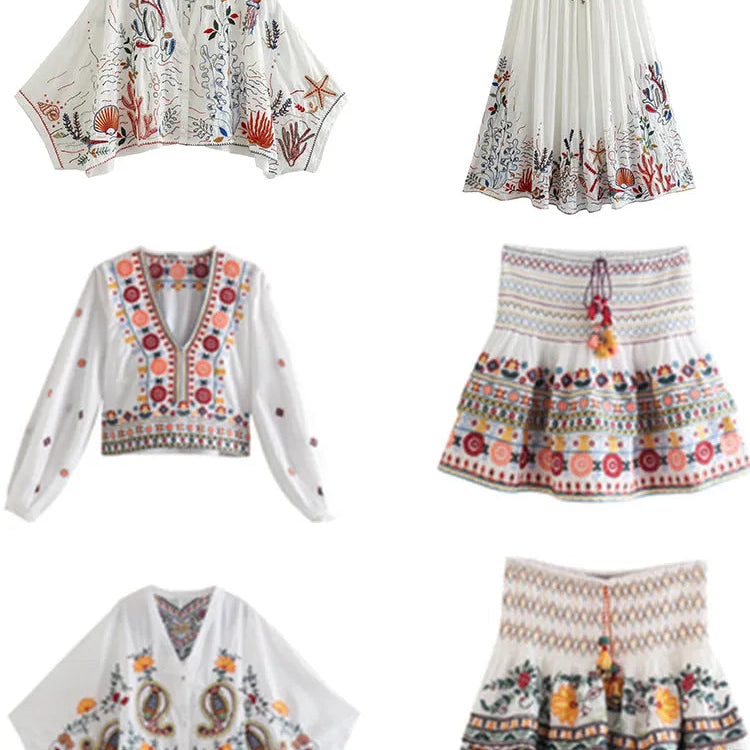 Batwing Sleeve Women Autumn Embriodery Paisley Print Skirt Set Outfits V Neck Button Tiered Mini Skirt Dress Suit Vintage Set