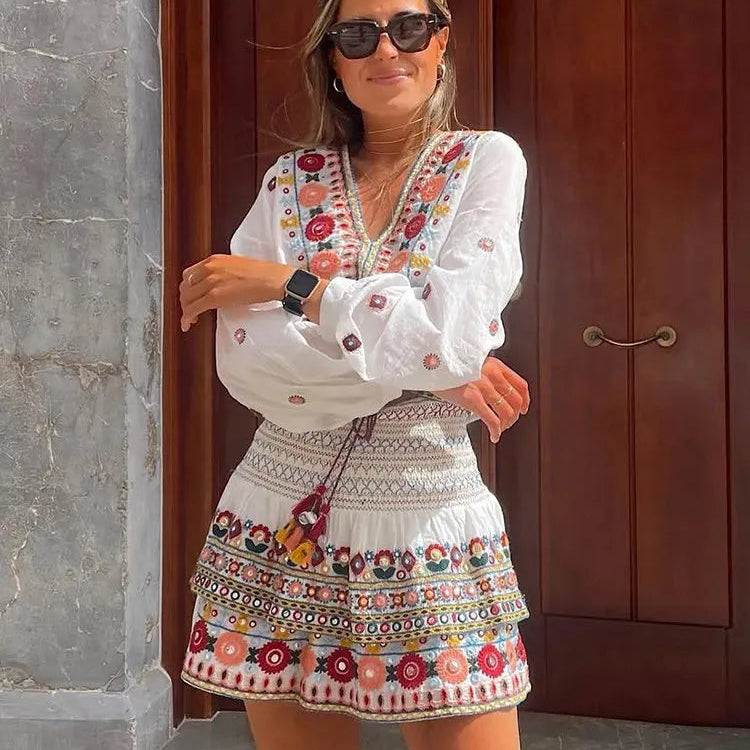 Batwing Sleeve Women Autumn Embriodery Paisley Print Skirt Set Outfits V Neck Button Tiered Mini Skirt Dress Suit Vintage Set