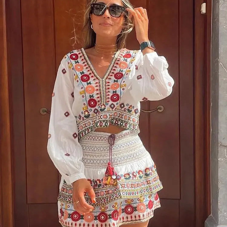 Batwing Sleeve Women Autumn Embriodery Paisley Print Skirt Set Outfits V Neck Button Tiered Mini Skirt Dress Suit Vintage Set