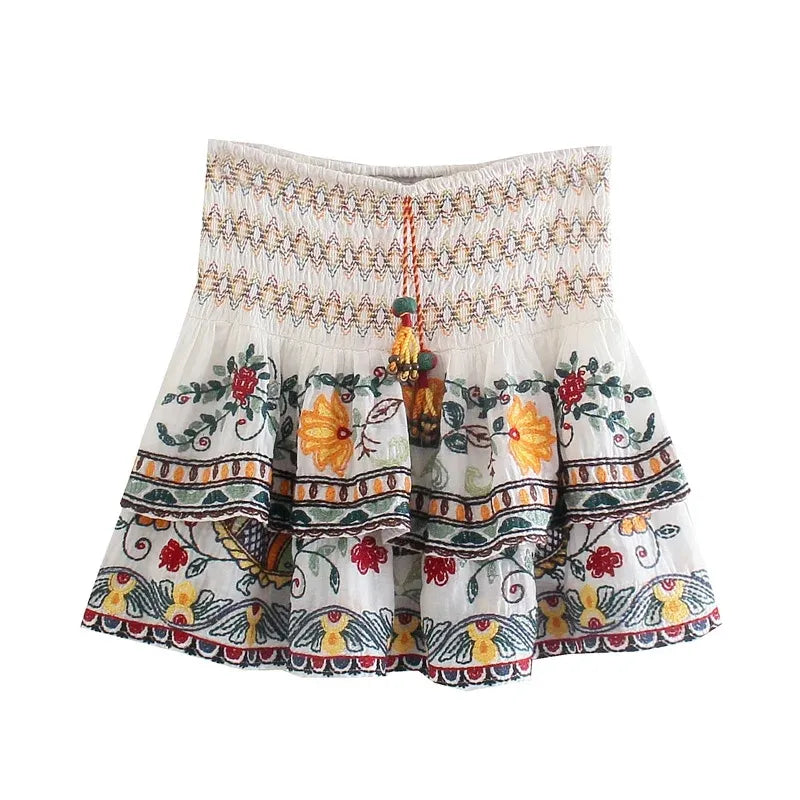 Batwing Sleeve Women Autumn Embriodery Paisley Print Skirt Set Outfits V Neck Button Tiered Mini Skirt Dress Suit Vintage Set Skirt-style 1