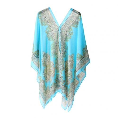 Beach Bikini Cover Up Loose Chiffon Blouse Shawl Scarf with Buttons Swimsuit Summer Short Pareo Sky Blue