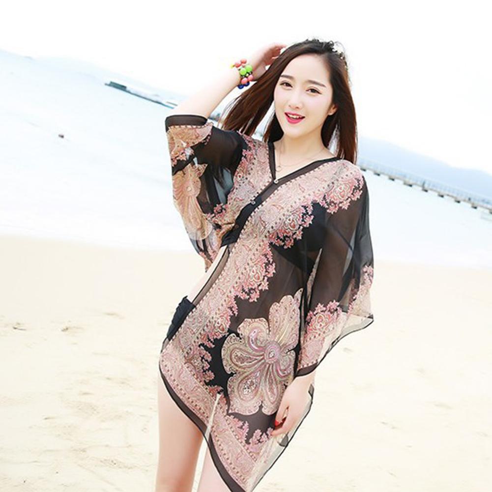 Beach Bikini Cover Up Loose Chiffon Blouse Shawl Scarf with Buttons Swimsuit Summer Short Pareo