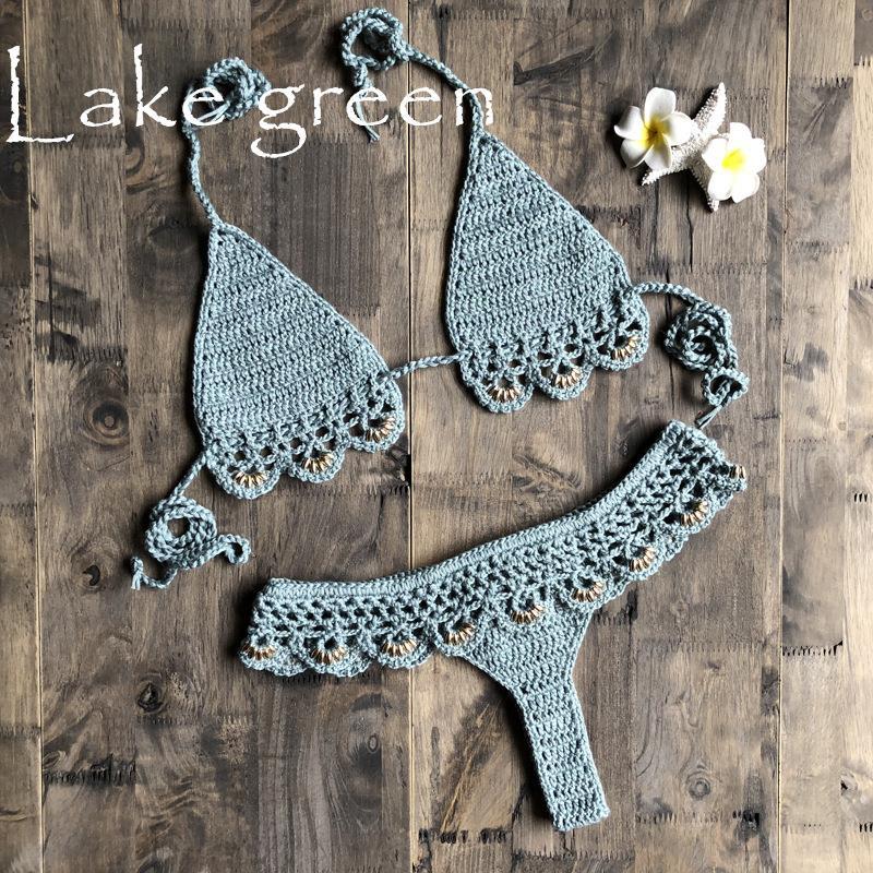Beach Bikini Handmade Accessories Split Swimsuit Lake green