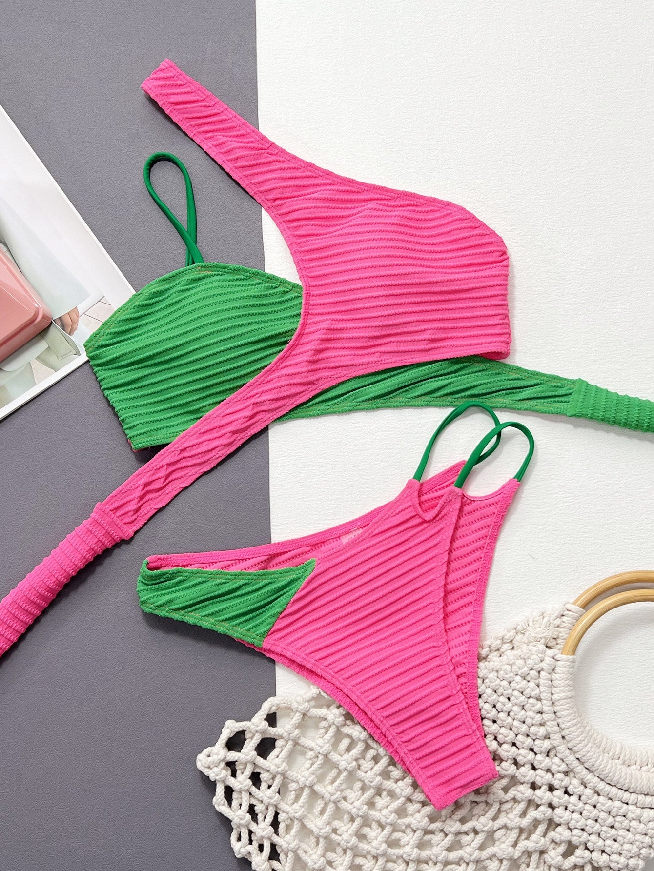 Beach Bikini Women's Contrast Split Swimwear Green Rose Red