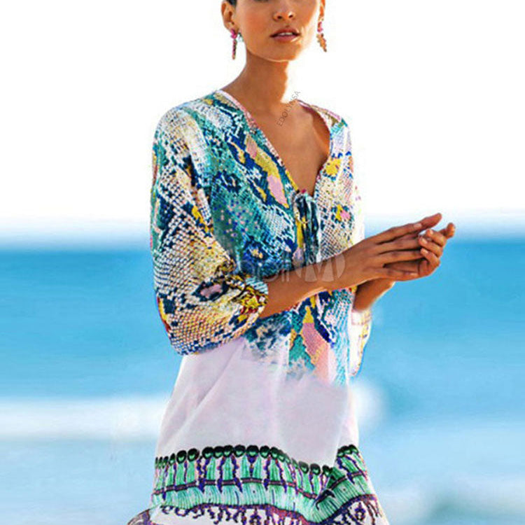 Beach Caftan Swimsuit Cover up Print Chiffon Pareo Women Robe Plage Blue One Size