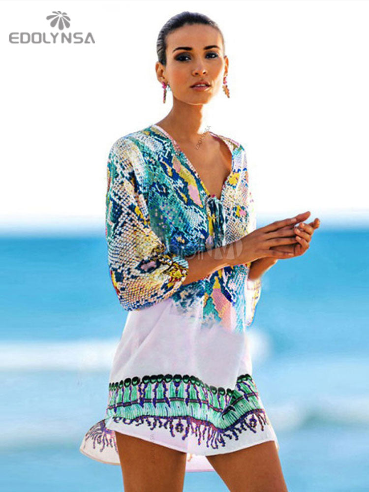 Beach Caftan Swimsuit Cover up Print Chiffon Pareo Women Robe Plage Blue One Size
