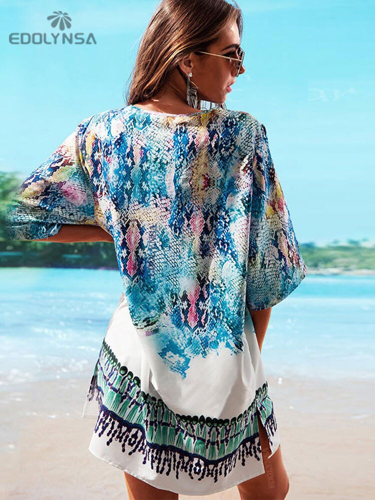 Beach Caftan Swimsuit Cover up Print Chiffon Pareo Women Robe Plage